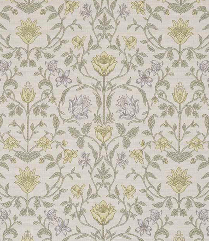 Detailed botanical fabric featuring stylised flowers in soft yellow, pale blue and muted green tones on a light neutral base, with a balanced and symmetrical layout.