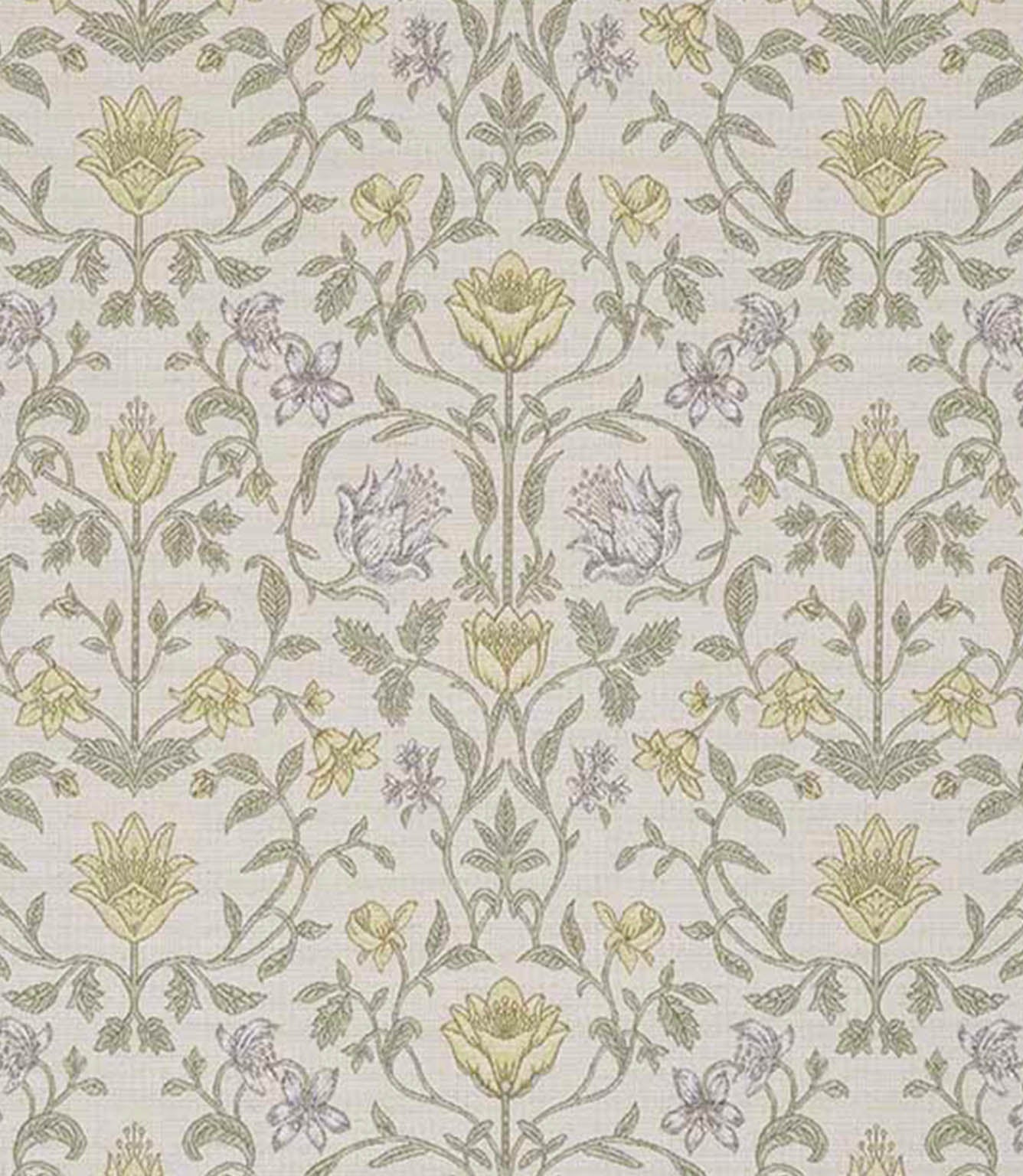 Detailed botanical fabric featuring stylised flowers in soft yellow, pale blue and muted green tones on a light neutral base, with a balanced and symmetrical layout.