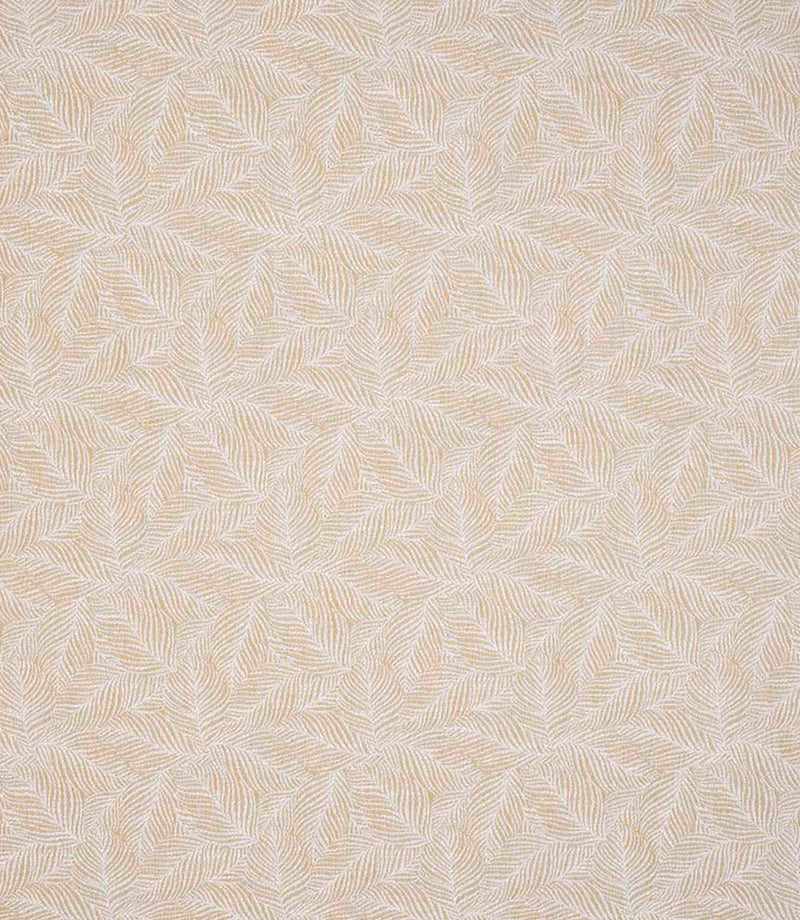 Detailed view of contemporary woven foliage fabric with an intricate leaf motif in neutral beige and ivory shades, highlighting its gentle texture and layered design.