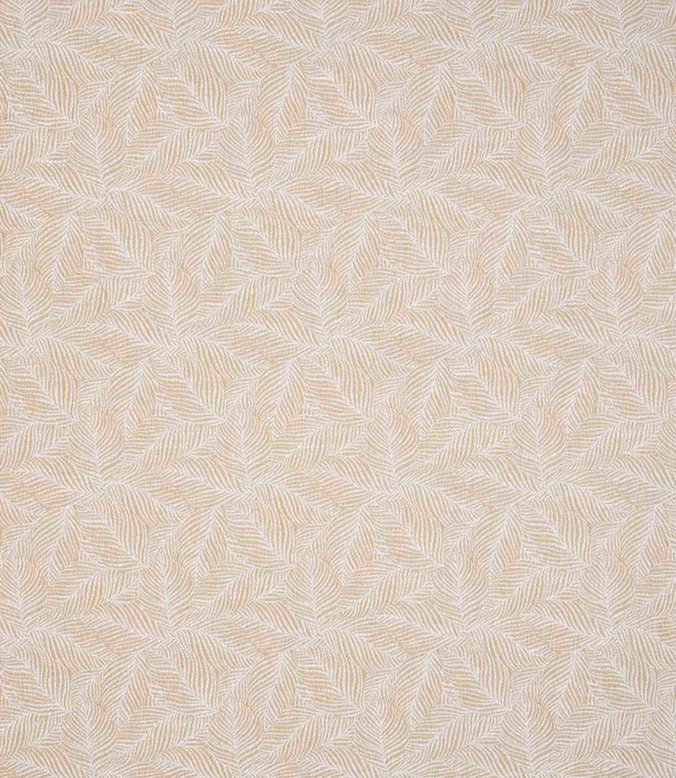 Detailed view of contemporary woven foliage fabric with an intricate leaf motif in neutral beige and ivory shades, highlighting its gentle texture and layered design.