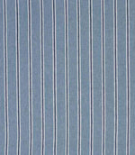 Woven stripe fabric in a soft blue tone with crisp white and navy vertical ticking stripes, lightly textured with a relaxed, coastal feel.