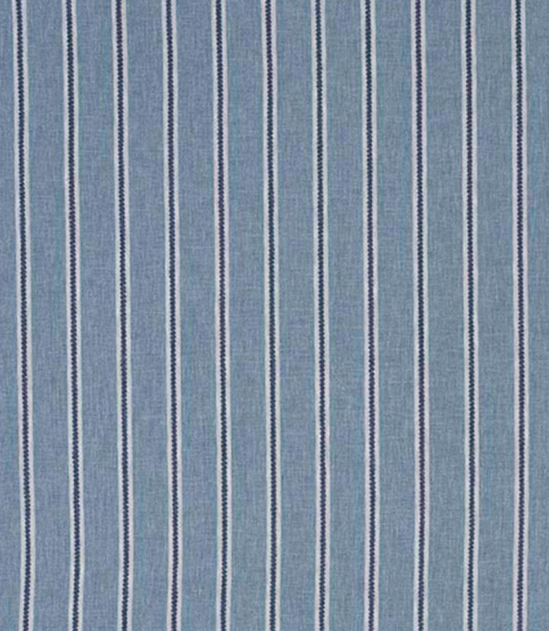 Woven stripe fabric in a soft blue tone with crisp white and navy vertical ticking stripes, lightly textured with a relaxed, coastal feel.