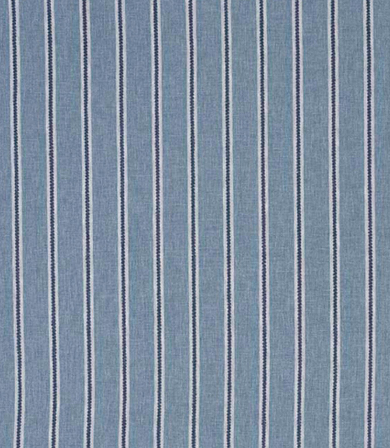 Woven stripe fabric in a soft blue tone with crisp white and navy vertical ticking stripes, lightly textured with a relaxed, coastal feel.