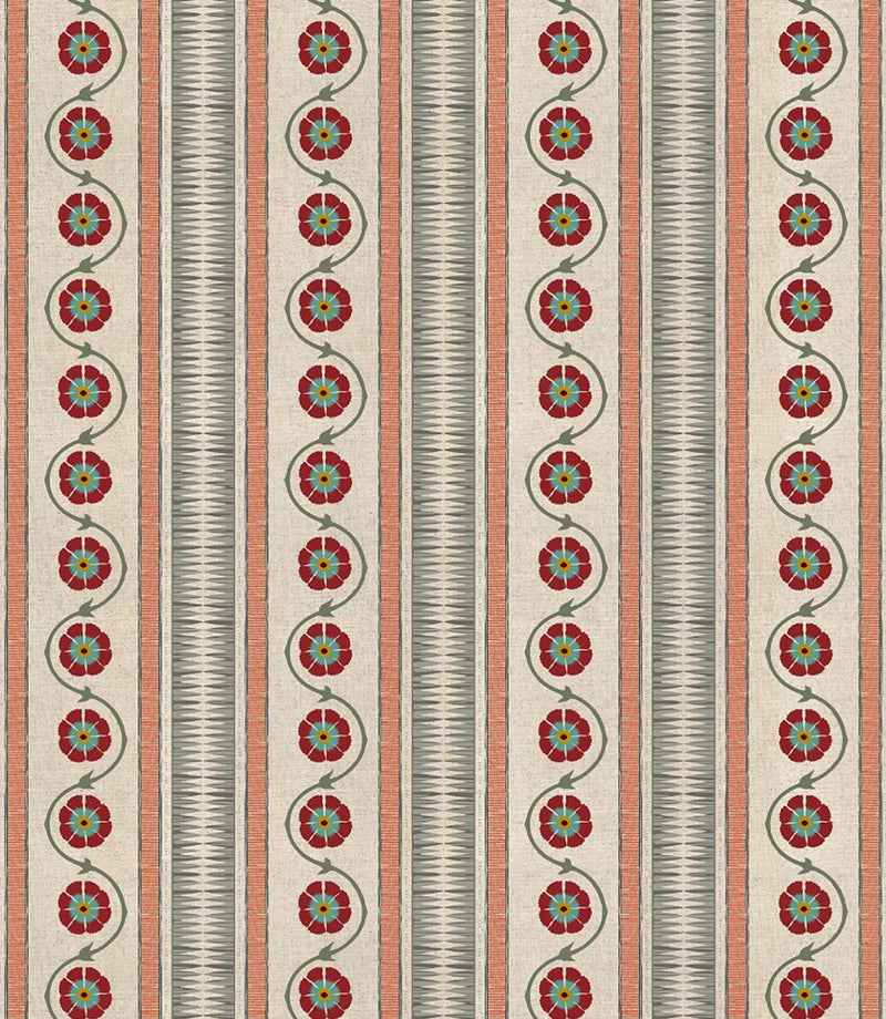 Seamless repeat of Indira Stripe designer fabric showing striped layout with repeating floral motif for upholstery and soft furnishings