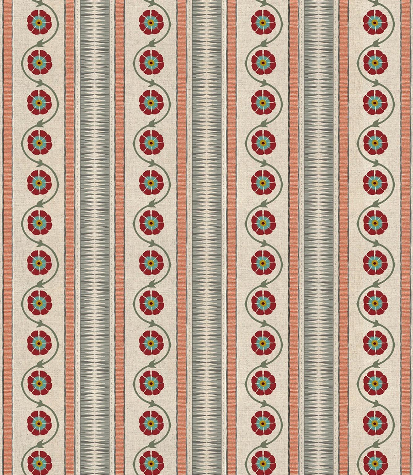 Seamless repeat of Indira Stripe designer fabric showing striped layout with repeating floral motif for upholstery and soft furnishings