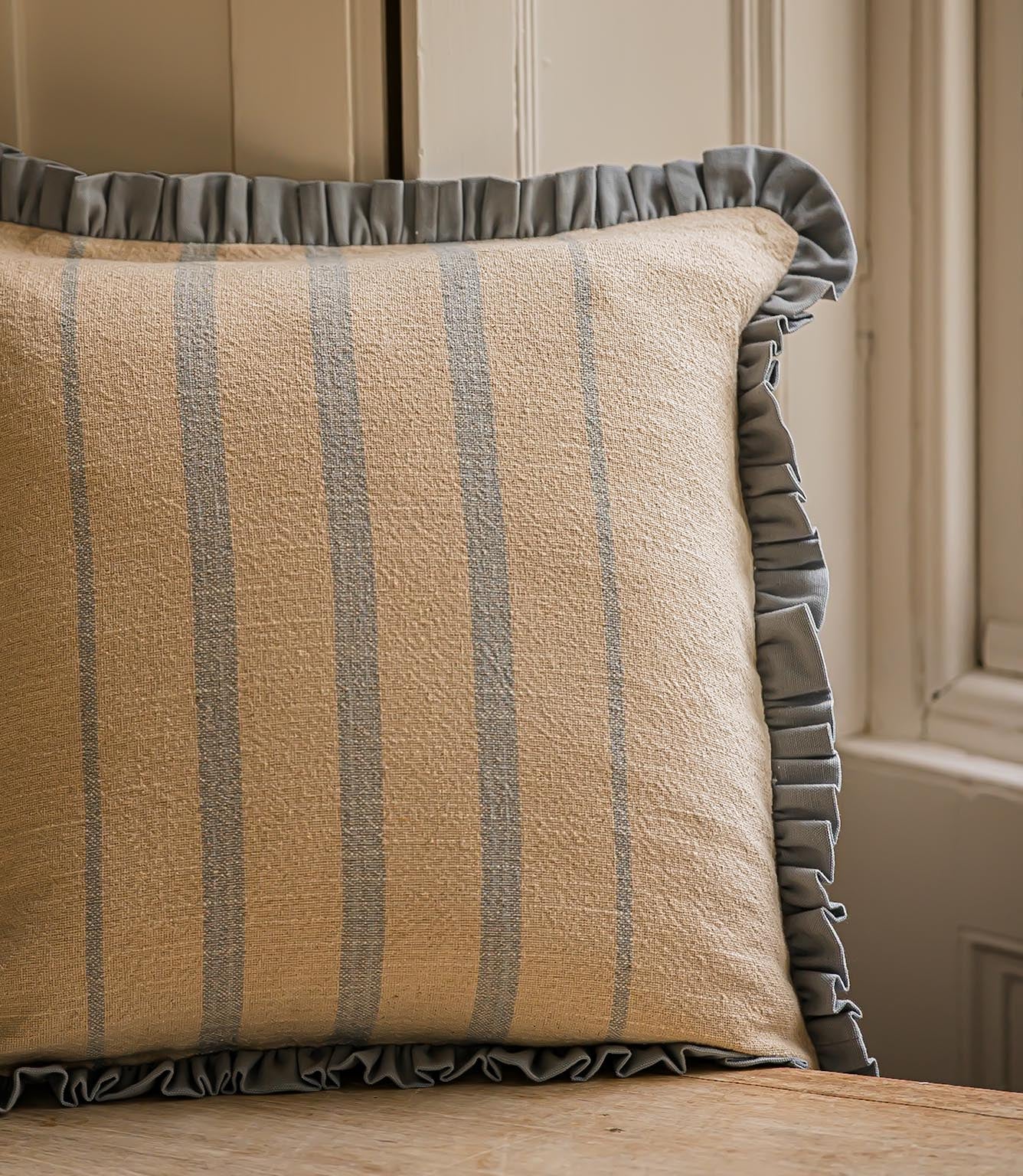 The Rustic Stripe Ruffle Square Cushion Denim