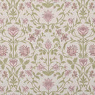 Close-up fabric view with vibrant coral pink floral motifs, soft green foliage and neutral accents on a light natural background, highlighting the richness of the pattern and colour contrast.