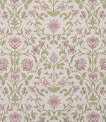 Close-up fabric view with vibrant coral pink floral motifs, soft green foliage and neutral accents on a light natural background, highlighting the richness of the pattern and colour contrast.