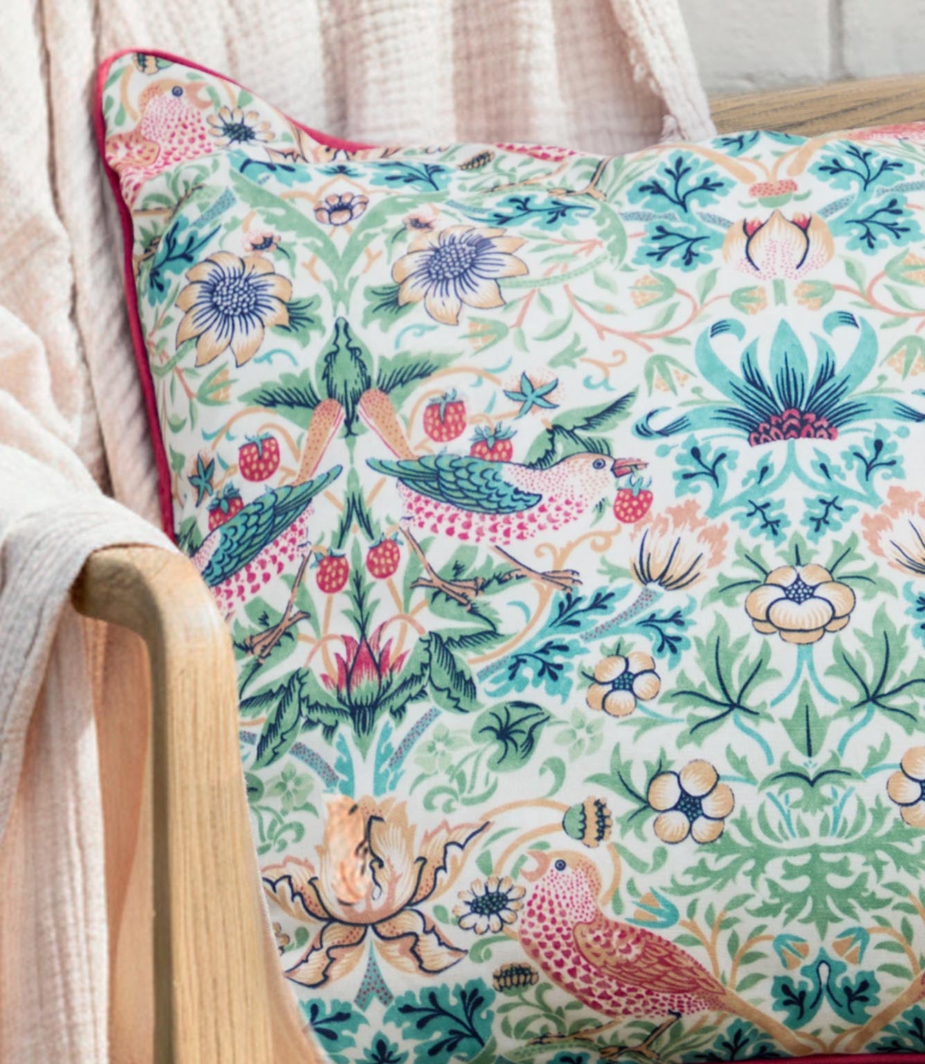 Strawberry Thief Coral / Leaf Green Piped Outdoor Cushion