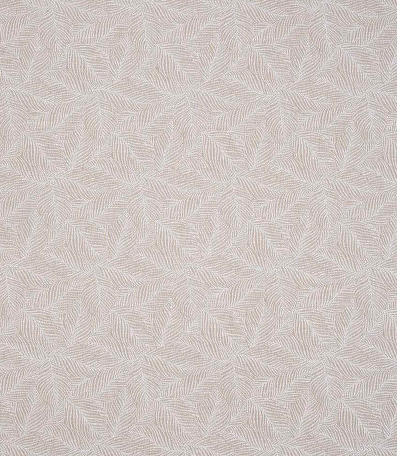 Detailed view of contemporary woven foliage fabric featuring an organic leaf motif in neutral beige and ivory shades, highlighting its fine texture and layered pattern.