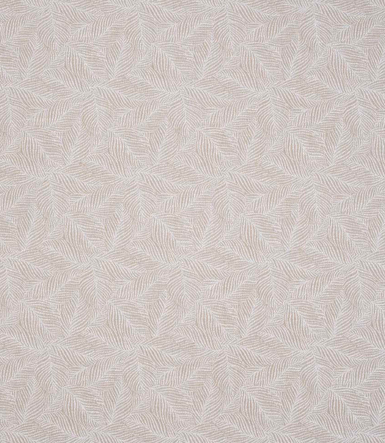 Detailed view of contemporary woven foliage fabric featuring an organic leaf motif in neutral beige and ivory shades, highlighting its fine texture and layered pattern.