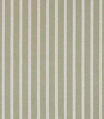 Woven stripe fabric with fine vertical lines in soft green and cream tones on a light background, featuring a subtle texture and a calm, natural look.
