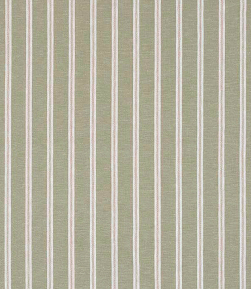 Woven stripe fabric with fine vertical lines in soft green and cream tones on a light background, featuring a subtle texture and a calm, natural look.