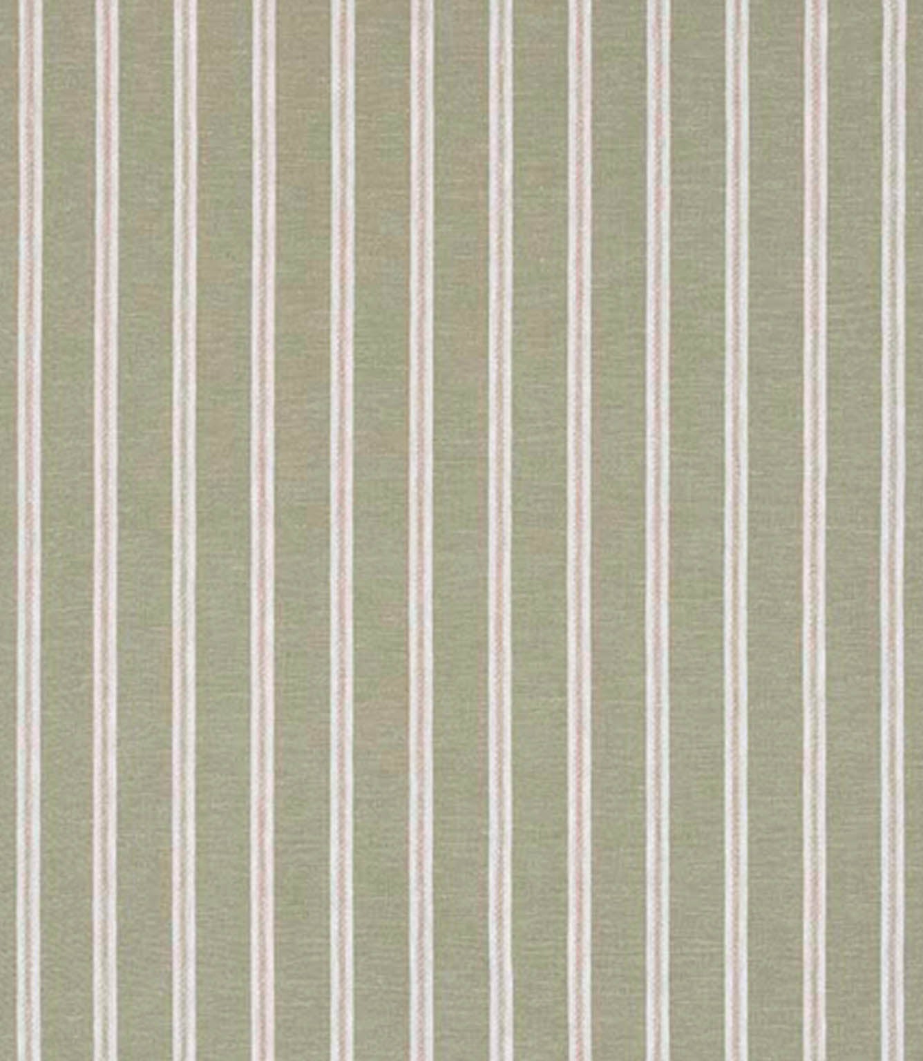 Woven stripe fabric with fine vertical lines in soft green and cream tones on a light background, featuring a subtle texture and a calm, natural look.