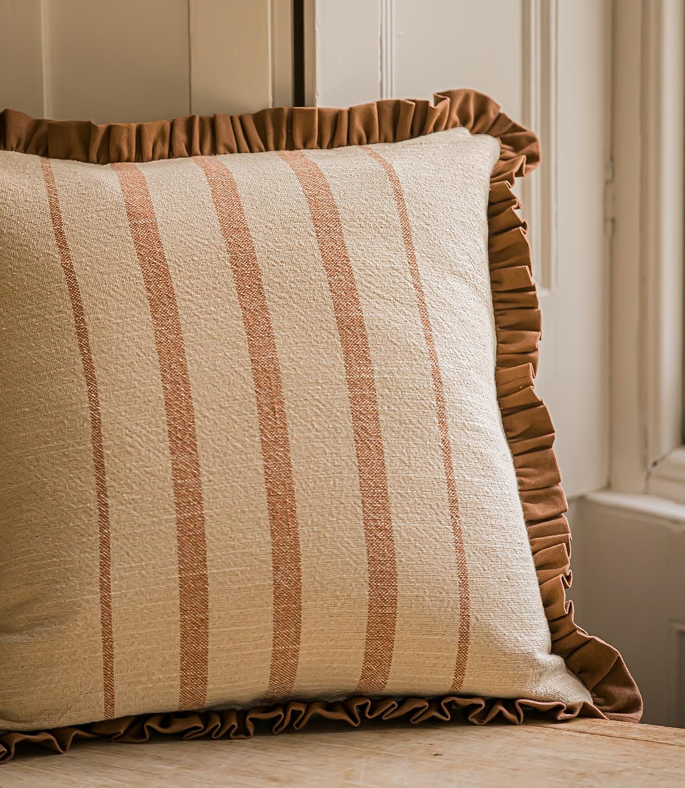 The Rustic Stripe Ruffle Square Cushion Brick