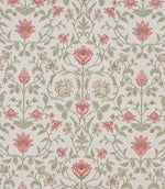 Close-up of a traditional floral and foliage fabric with coral red blossoms, olive green scrolling stems and soft taupe botanical details on a light neutral background, showing a finely woven texture and heritage-inspired repeat.