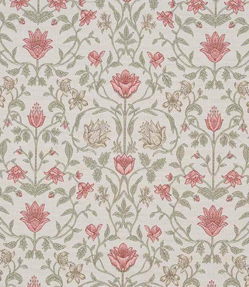 Close-up of a traditional floral and foliage fabric with coral red blossoms, olive green scrolling stems and soft taupe botanical details on a light neutral background, showing a finely woven texture and heritage-inspired repeat.