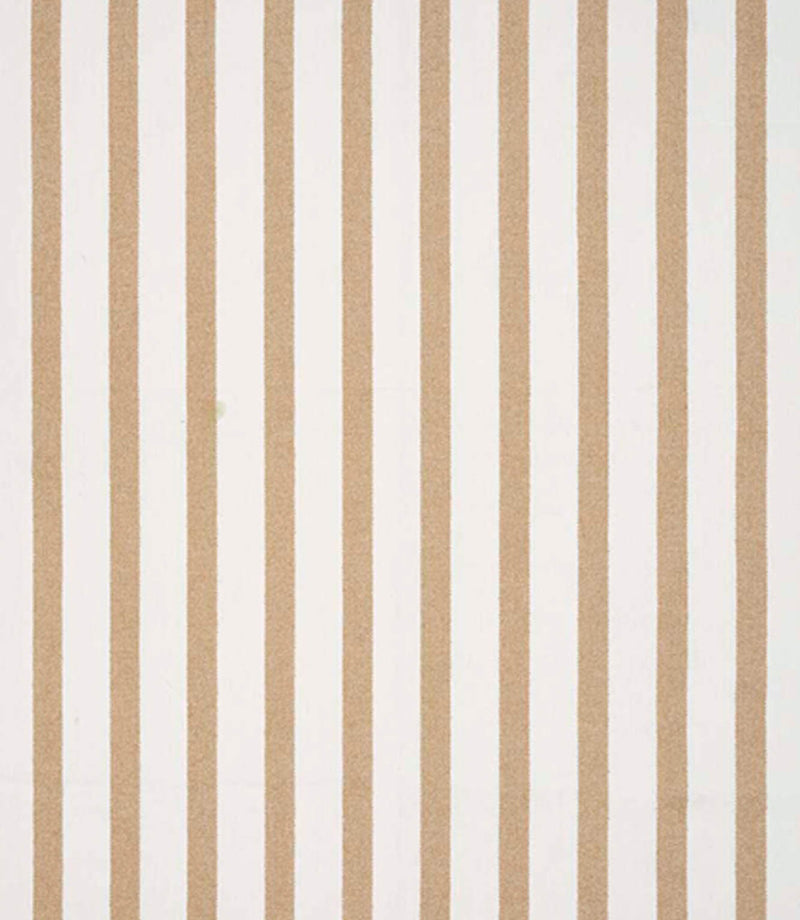 Woven stripe fabric with a soft cream ground and narrow vertical stripes in warm golden beige, evenly spaced for a clean, classic look.