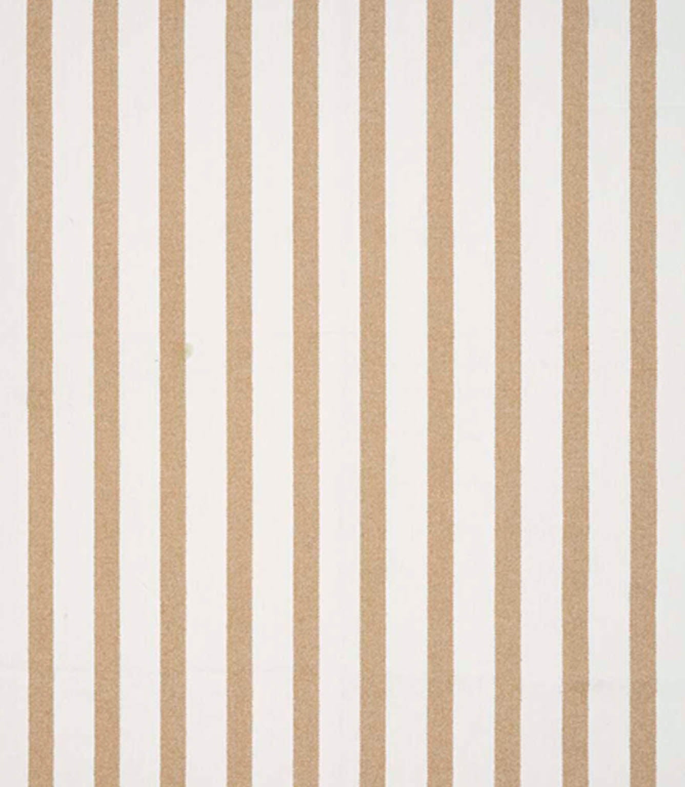 Woven stripe fabric with a soft cream ground and narrow vertical stripes in warm golden beige, evenly spaced for a clean, classic look.