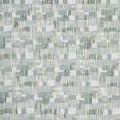 Detailed view of contemporary woven fabric with a small-scale geometric check design in muted green, light blue and beige shades, showing subtle variation and depth in texture.