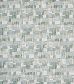 Detailed view of contemporary woven fabric with a small-scale geometric check design in muted green, light blue and beige shades, showing subtle variation and depth in texture.