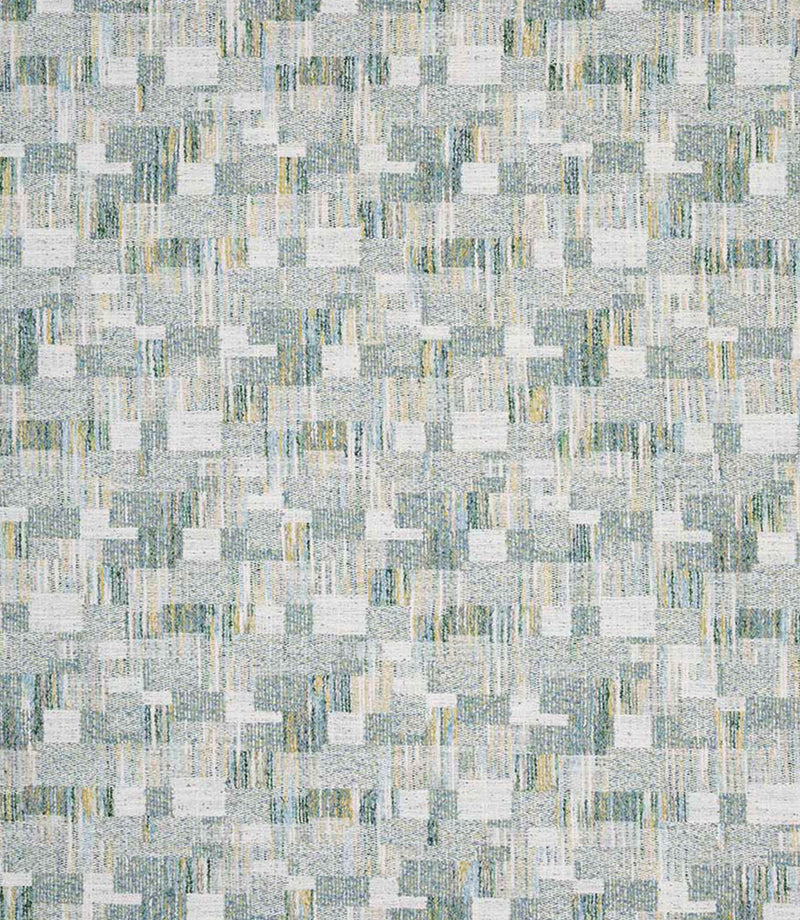 Detailed view of contemporary woven fabric with a small-scale geometric check design in muted green, light blue and beige shades, showing subtle variation and depth in texture.
