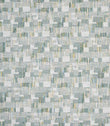 Detailed view of contemporary woven fabric with a small-scale geometric check design in muted green, light blue and beige shades, showing subtle variation and depth in texture.