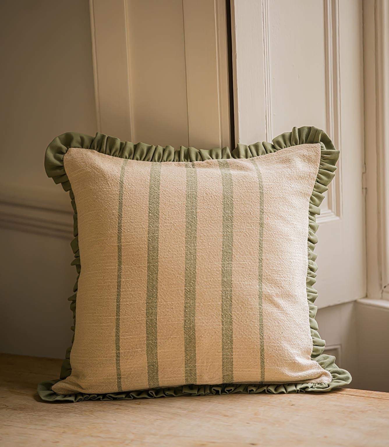 The Rustic Stripe Ruffle Square Cushion Sage