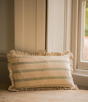 The Rustic Stripe Ruffle Rectangle Cushion Sage