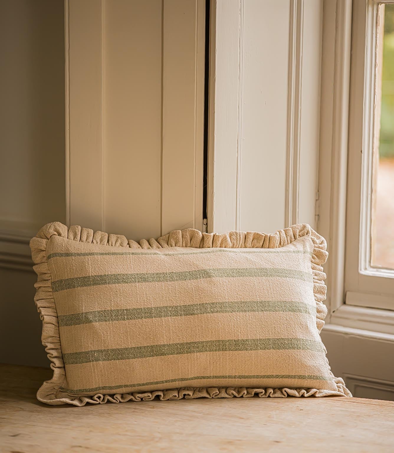 The Rustic Stripe Ruffle Rectangle Cushion Sage