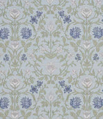 Traditional floral fabric with intricate foliage and botanical motifs in soft blue, sage green and ivory tones on a pale background.