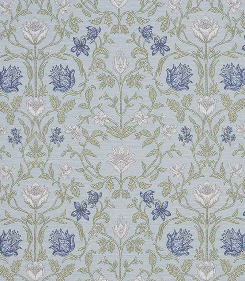 Traditional floral fabric with intricate foliage and botanical motifs in soft blue, sage green and ivory tones on a pale background.