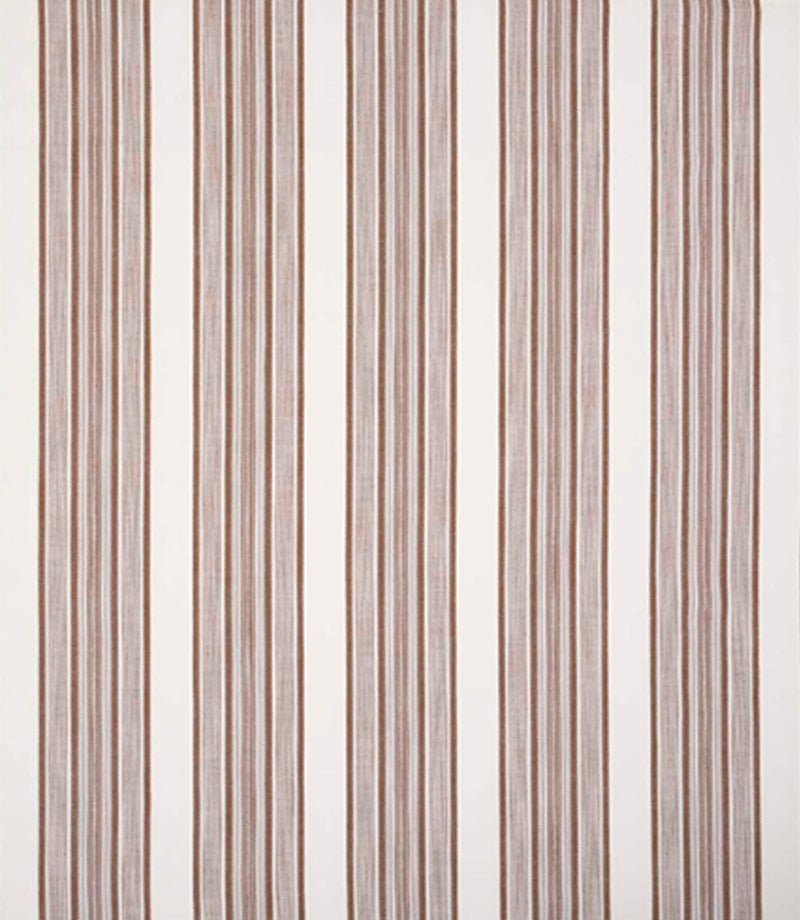 Woven stripe fabric featuring a mix of fine and broader vertical lines in warm brown tones on a soft neutral background, offering gentle texture and a relaxed, understated look.
