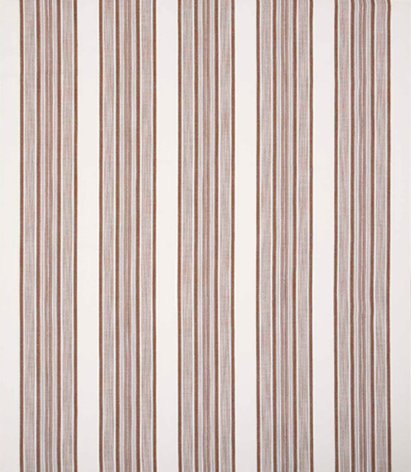 Woven stripe fabric featuring a mix of fine and broader vertical lines in warm brown tones on a soft neutral background, offering gentle texture and a relaxed, understated look.
