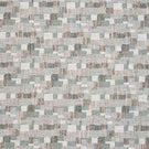Detailed view of contemporary woven fabric featuring a small-scale geometric check design in pale green, dusty blue and beige, with subtle variation and depth in the texture.