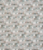 Detailed view of contemporary woven fabric featuring a small-scale geometric check design in pale green, dusty blue and beige, with subtle variation and depth in the texture.