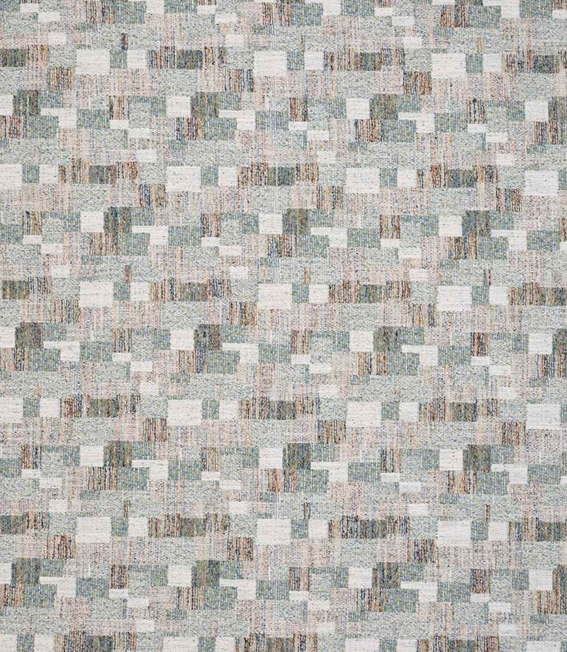 Detailed view of contemporary woven fabric featuring a small-scale geometric check design in pale green, dusty blue and beige, with subtle variation and depth in the texture.