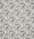 Detailed view of contemporary woven fabric featuring a small-scale geometric check design in pale green, dusty blue and beige, with subtle variation and depth in the texture.