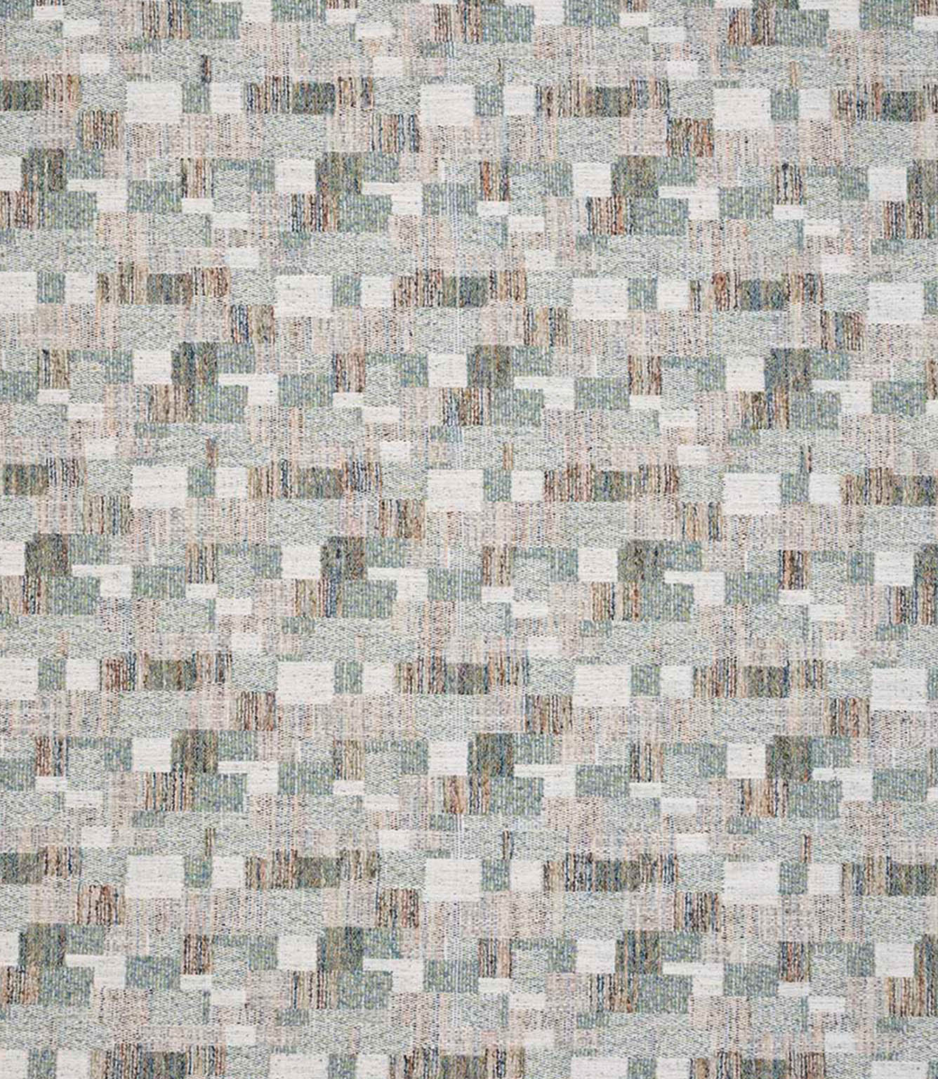 Detailed view of contemporary woven fabric featuring a small-scale geometric check design in pale green, dusty blue and beige, with subtle variation and depth in the texture.