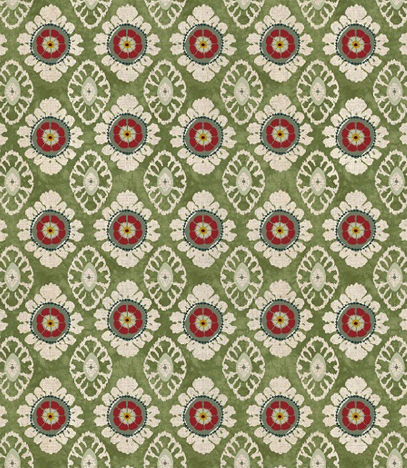 Maya designer fabric with small scale floral pattern and repeating stylised motif, suitable for curtains blinds cushions and upholstery
