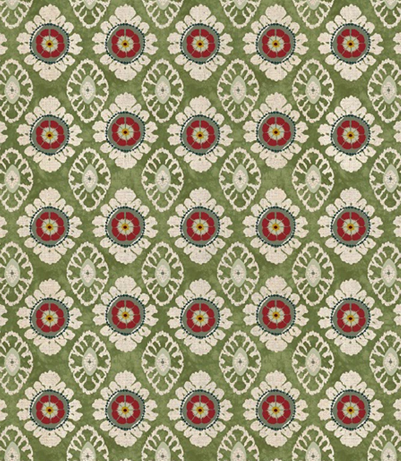 Maya designer fabric with small scale floral pattern and repeating stylised motif, suitable for curtains blinds cushions and upholstery