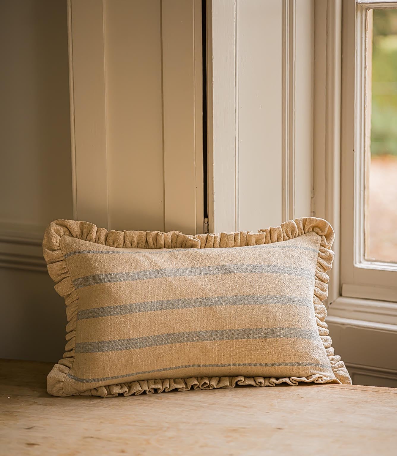 The Rustic Stripe Ruffle Rectangle Cushion Denim