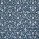 Traditional floral and foliage fabric featuring an intricate symmetrical pattern in soft ivory and pale blue motifs set against a rich denim blue background, with delicate trailing stems and stylised blossoms.