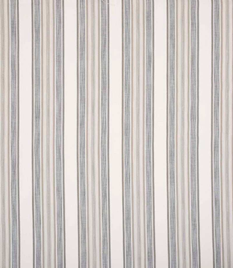 Woven stripe fabric with a mix of fine and broader vertical lines in soft grey tones on a light neutral background, creating a calm, balanced look with subtle texture and a gently tailored finish.