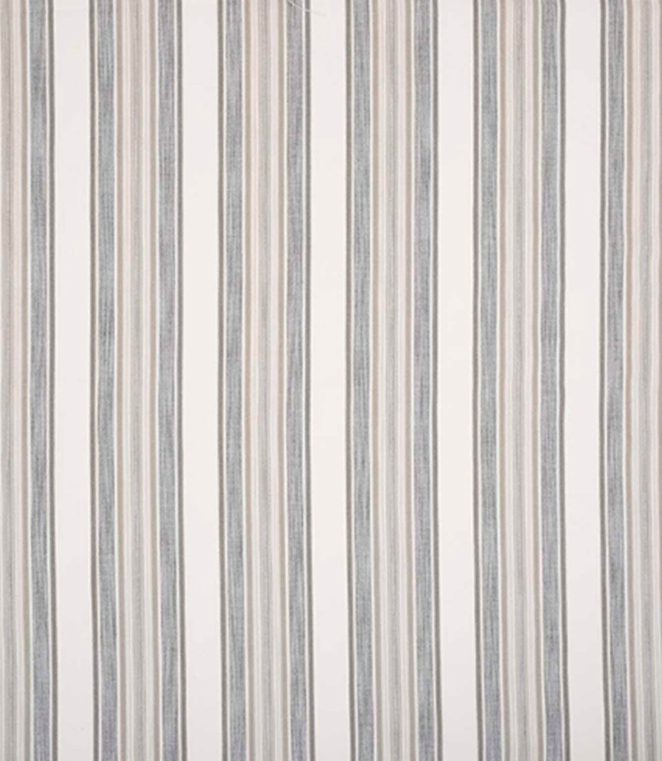 Woven stripe fabric with a mix of fine and broader vertical lines in soft grey tones on a light neutral background, creating a calm, balanced look with subtle texture and a gently tailored finish.