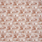 Detailed view of contemporary woven fabric with a small-scale geometric check design in terracotta, neutral beige and off-white shades, showing subtle variation in texture and depth.