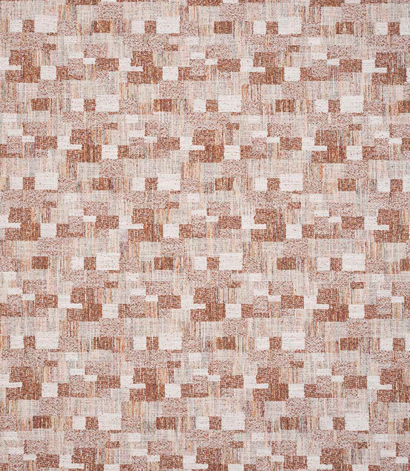 Detailed view of contemporary woven fabric with a small-scale geometric check design in terracotta, neutral beige and off-white shades, showing subtle variation in texture and depth.