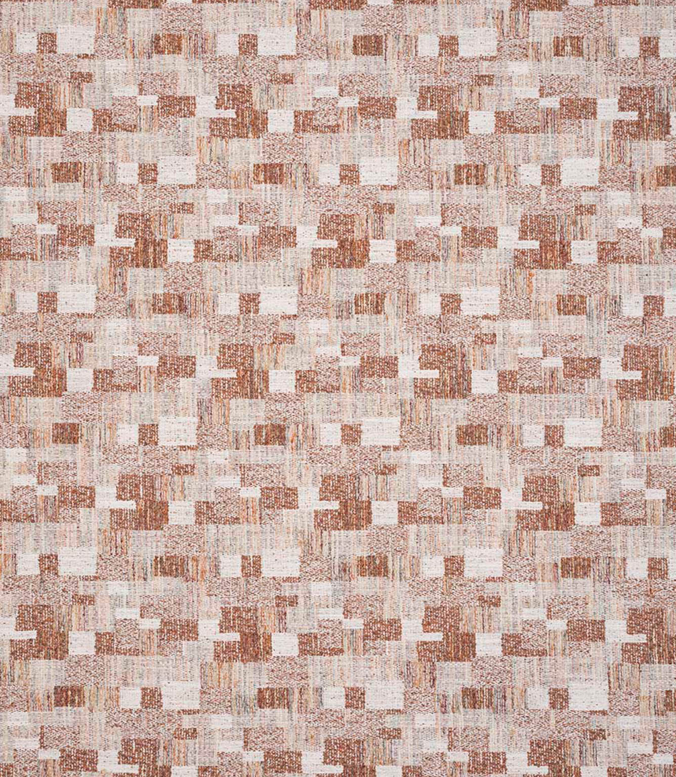 Detailed view of contemporary woven fabric with a small-scale geometric check design in terracotta, neutral beige and off-white shades, showing subtle variation in texture and depth.