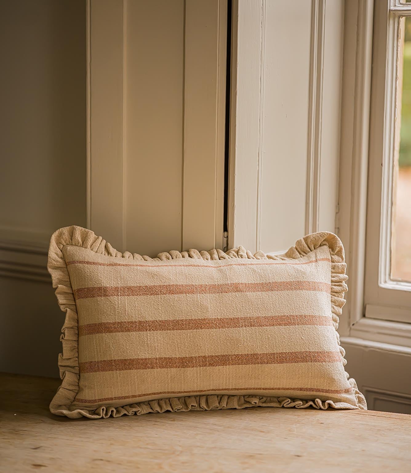 The Rustic Stripe Ruffle Rectangle Cushion Brick