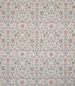 Elegant designer fabric with a classic floral pattern in muted rose pink, sage green and soft taupe tones on a warm neutral background, arranged in a balanced, repeating botanical design.